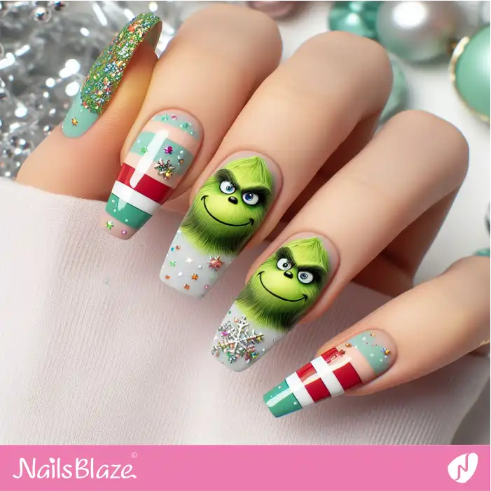 Embellished Grinch Nails for Winter | Cartoon Nails - NB2013
